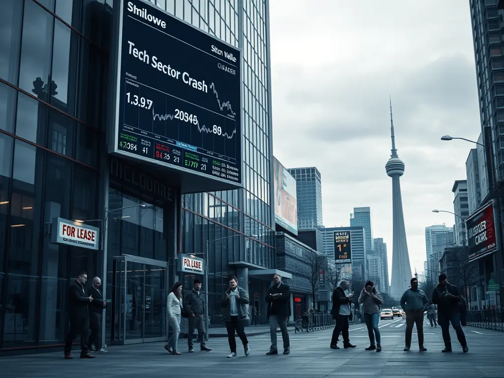 A conceptual illustration representing the Silicon Valley Collapse, showing a disrupted tech landscape.