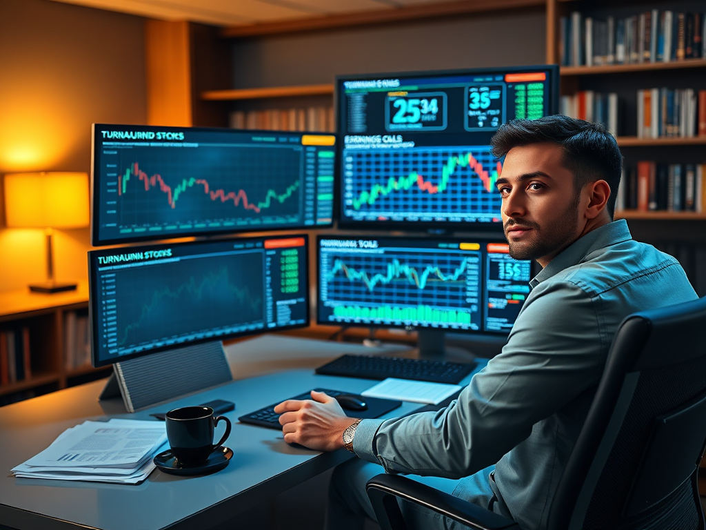 A stock market investor analyzing turnaround stocks with financial charts showing a company’s recovery trend.