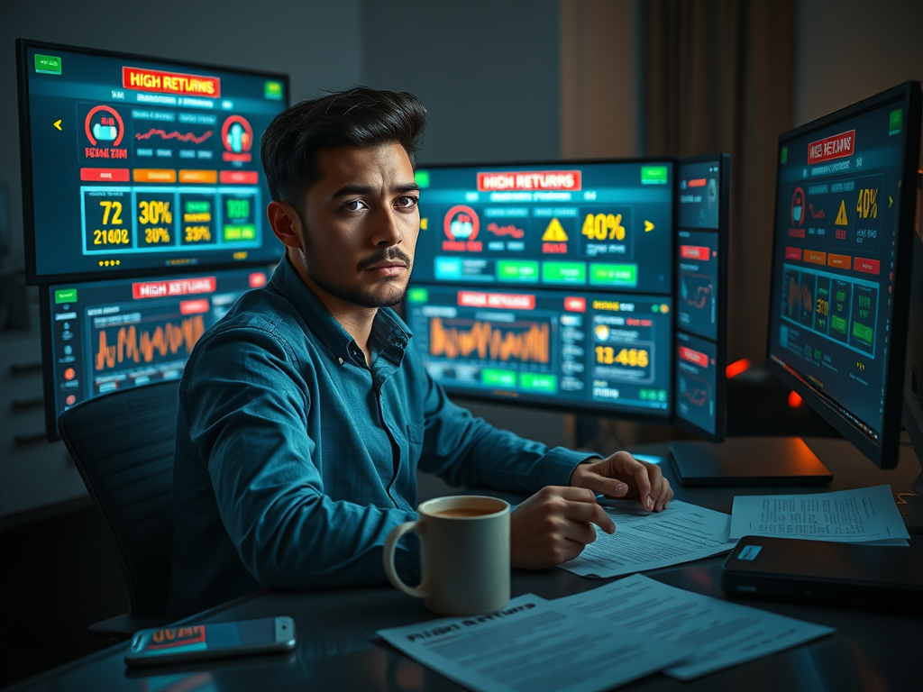 A cautious investor analyzing an online platform for Investing in HYIPs, evaluating potential risks and rewards before making a decision.