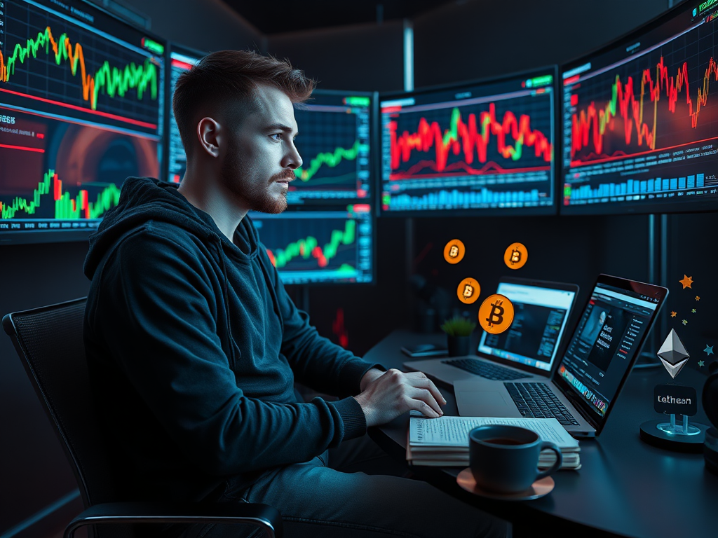 A detailed representation of cryptocurrency investment risks in 2025, showing fluctuating market trends and digital assets.