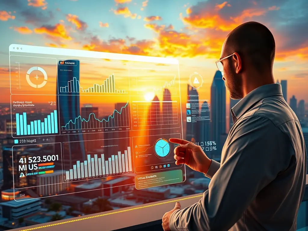 A modern real estate investment strategy showing a futuristic city graph growing from a house key.