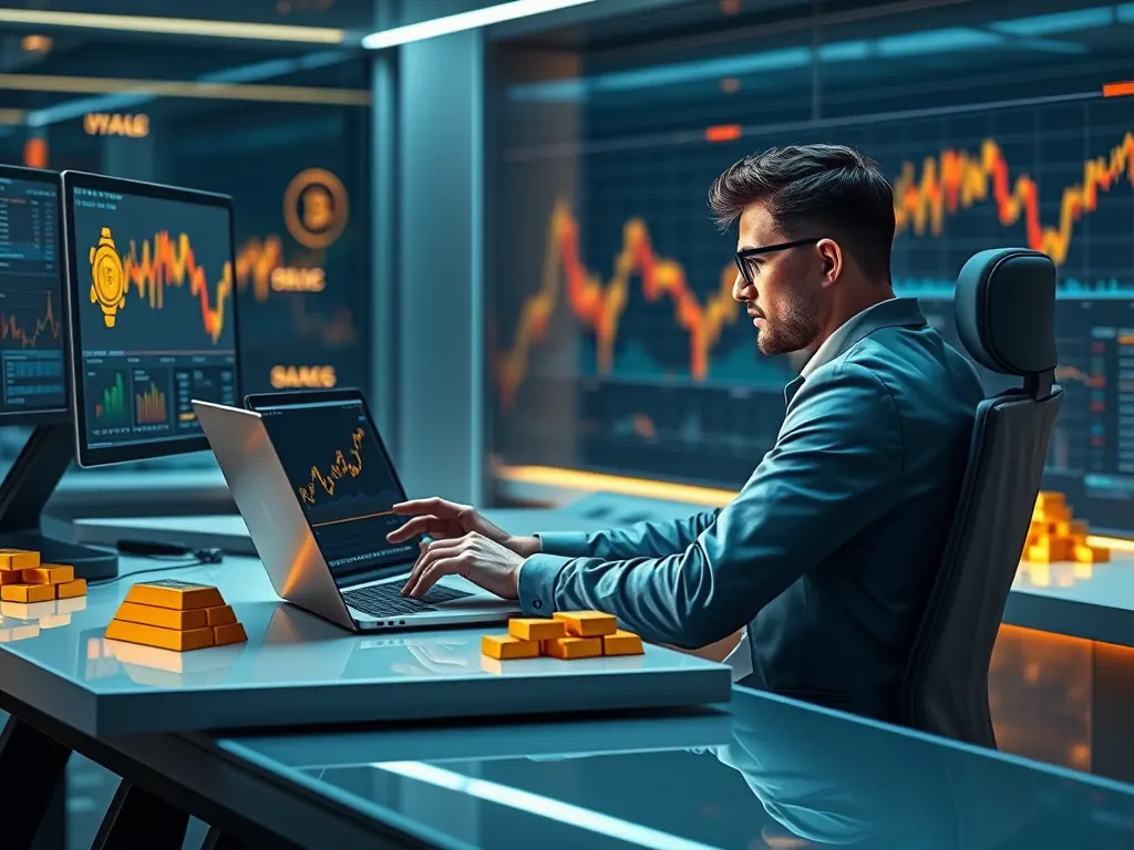 A modern investor analyzing a secure digital interface showing the steady growth of an E-Gold Investment portfolio.