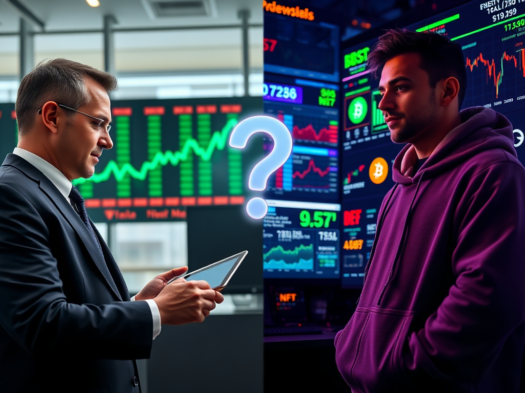 A comparison between the Stock Market and Cryptocurrency Investments, showcasing the stability of traditional stocks versus the volatility of digital assets.