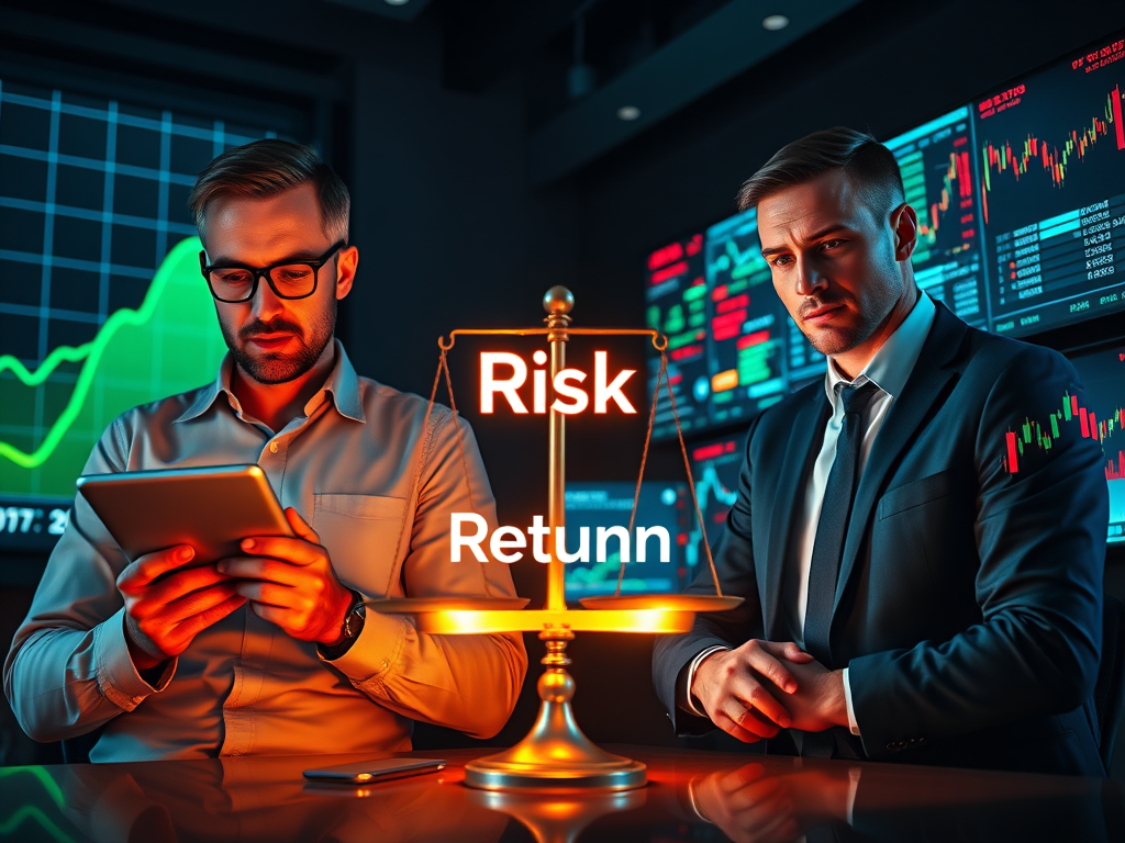 Visual representation of Return Expectations, showcasing a trader analyzing financial charts, balancing risk, and evaluating potential returns in a modern office environment.