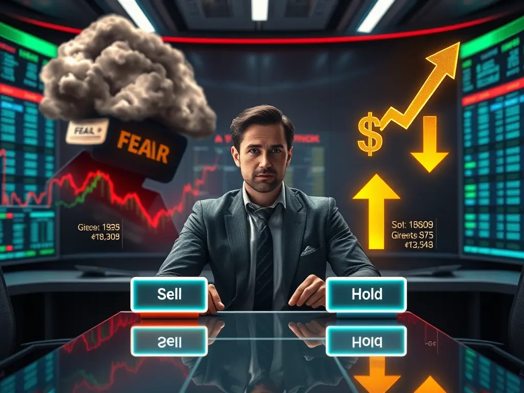 A conceptual illustration of investor psychology showing a brain analyzing stock market trends.