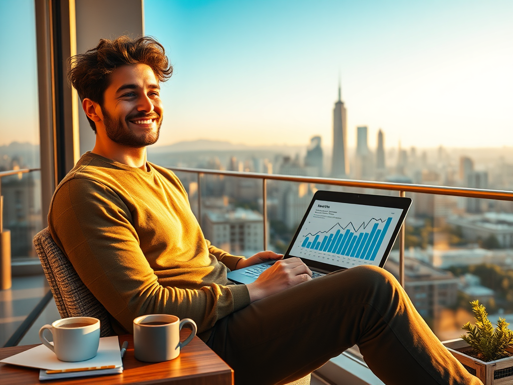 Achieving Financial Freedom by reviewing investments and setting goals in a modern home office.