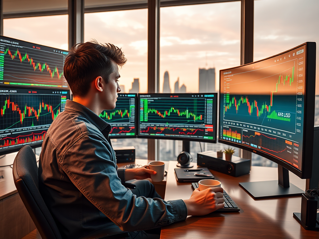 Forex Trading Tips: A professional trader analyzing market trends and currency pairs on multiple screens.
