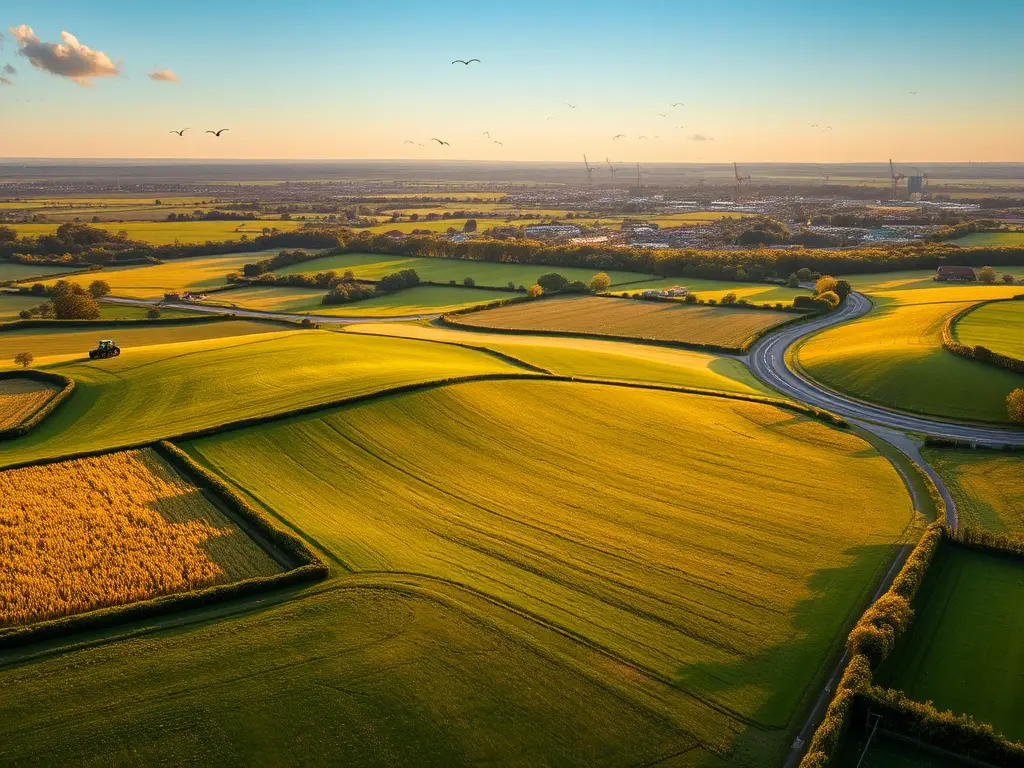 A scenic view of fertile farmland near Slough with the London skyline in the distance, representing a prime Farmland Investment Near Slough.