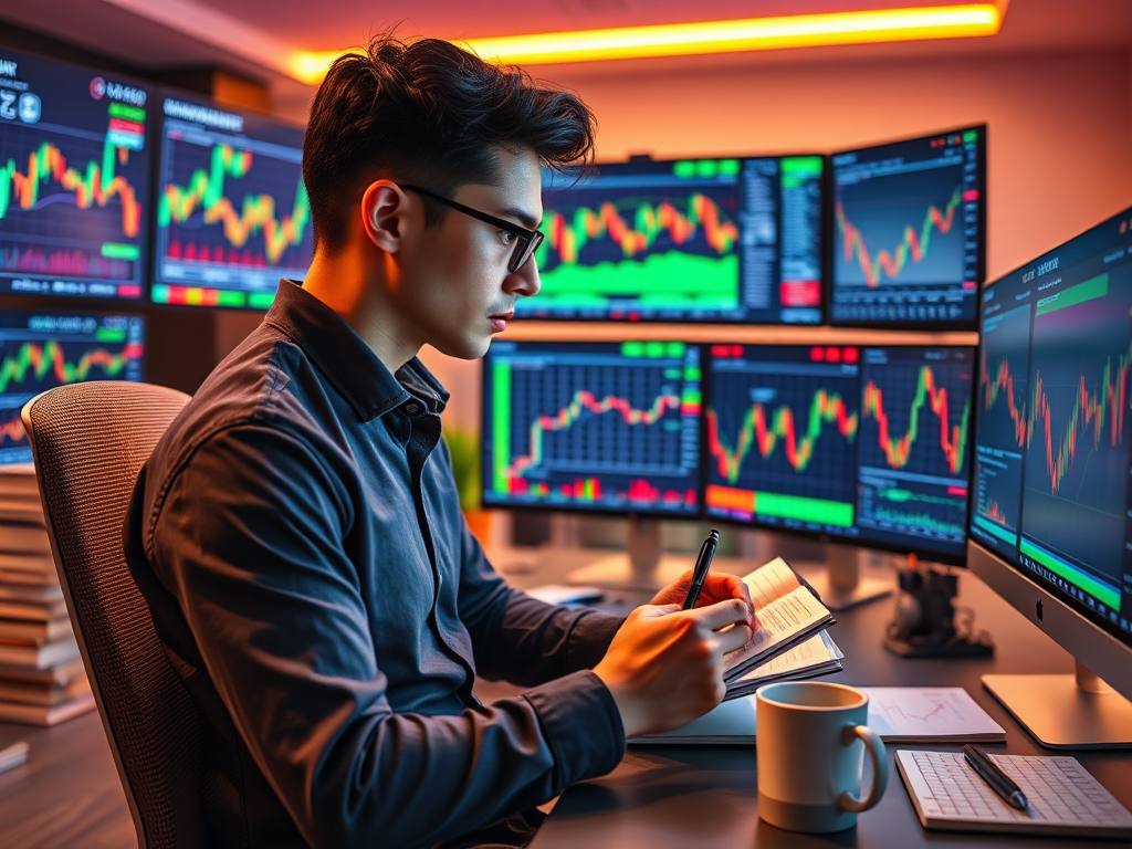 A trader focused on Futures Trading, analyzing price action patterns on a digital screen, preparing for market opportunities.