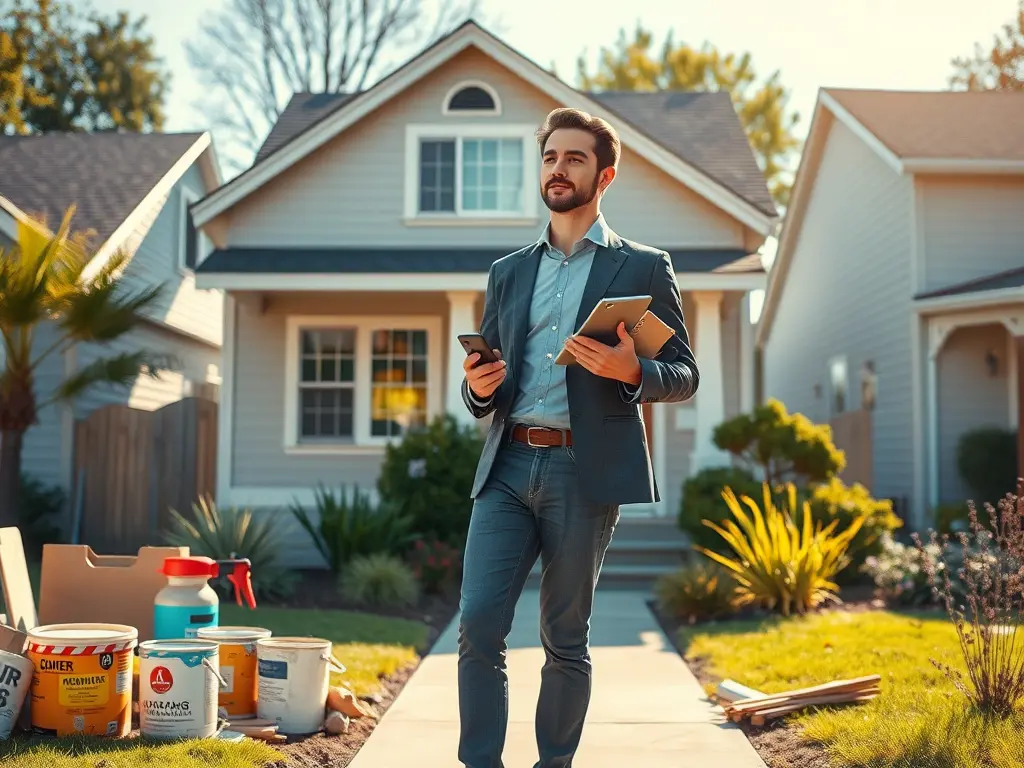 Strategic guide for flipping houses for profit showing property transformation with financial growth chart