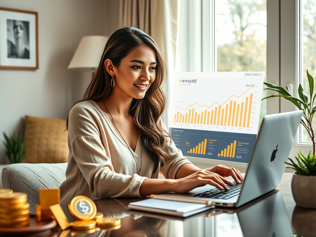E-Gold Investing platform with digital gold coins and market growth charts.