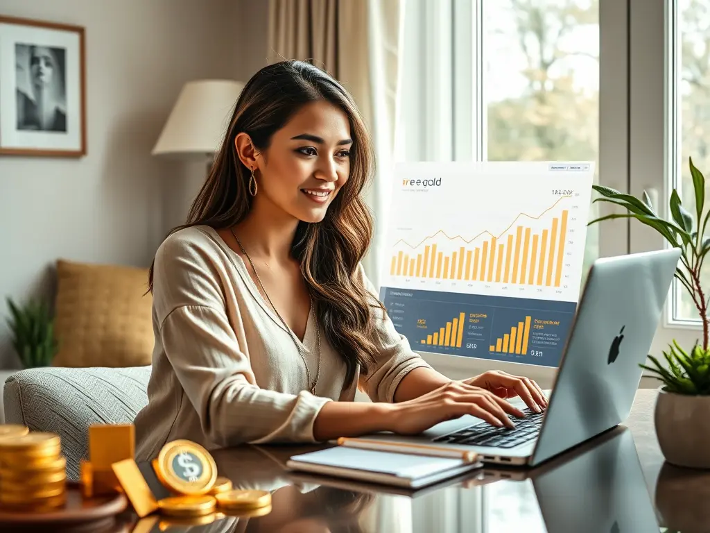A modern investor analyzing E-Gold Investing growth charts on a digital tablet.