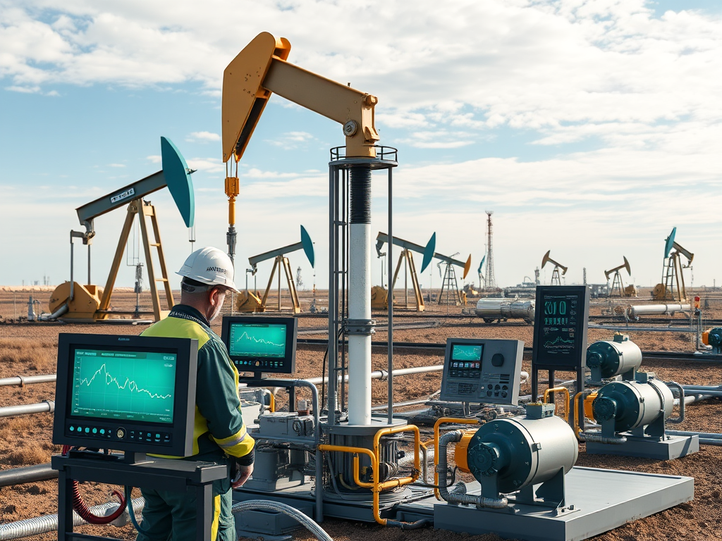Enhanced Oil Recovery Methods being applied to maximize oil extraction from mature wells, with advanced machinery and engineers overseeing the process.