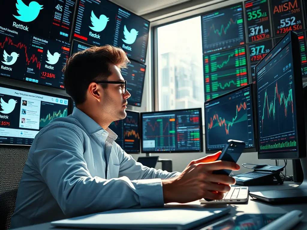 A modern investor using a smartphone to analyze a financial chart and social media feeds, representing the power of Social Media and Investment.