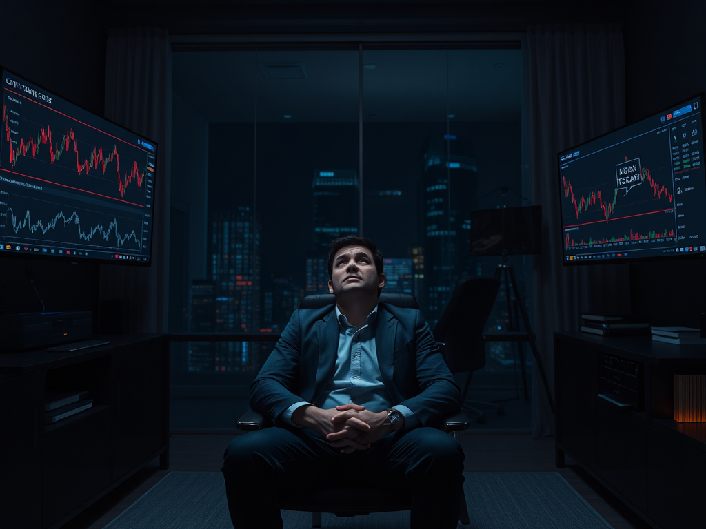 An investor reviewing strategic plans for the future, analyzing charts and market trends in a modern office setting. The image highlights the importance of Investment Strategies for 2025, where emotional discipline, diversification, and long-term growth are crucial to navigating market volatility and seizing new opportunities.