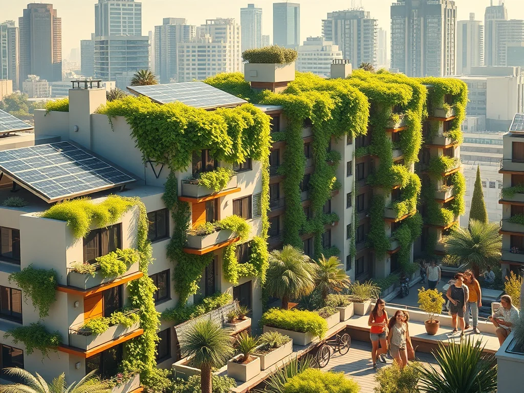 A modern cityscape with a green, tech-integrated building, symbolizing the future-focused strategies of Real Estate Investment 2025.