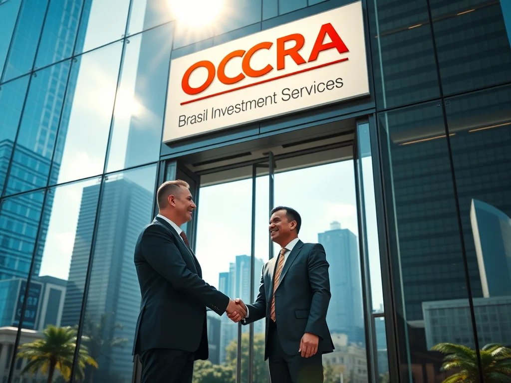 Professional consultant from OCRA Brasil Investment Services discussing investment opportunities with a client in a modern São Paulo office.