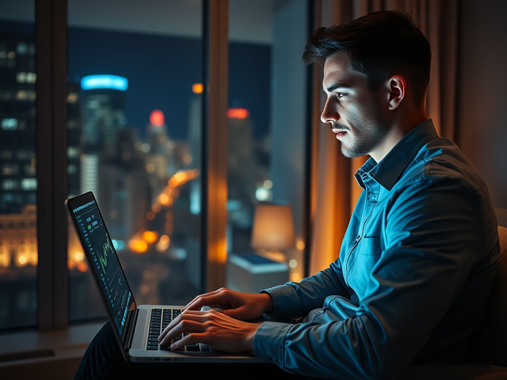 A dynamic Forex trading scene showing a trader analyzing real-time market data on multiple screens, with a focus on currency pairs and trading charts.