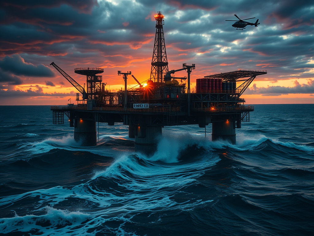 A detailed oil refinery with workers and advanced machinery, symbolizing the dynamic nature of oil investment opportunities in a volatile market.