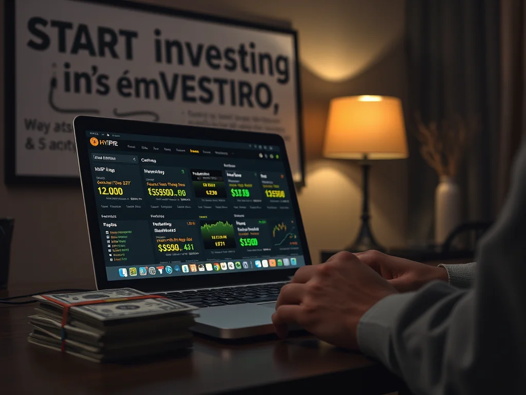 A person starting investing online with a laptop and phone showing growth charts.