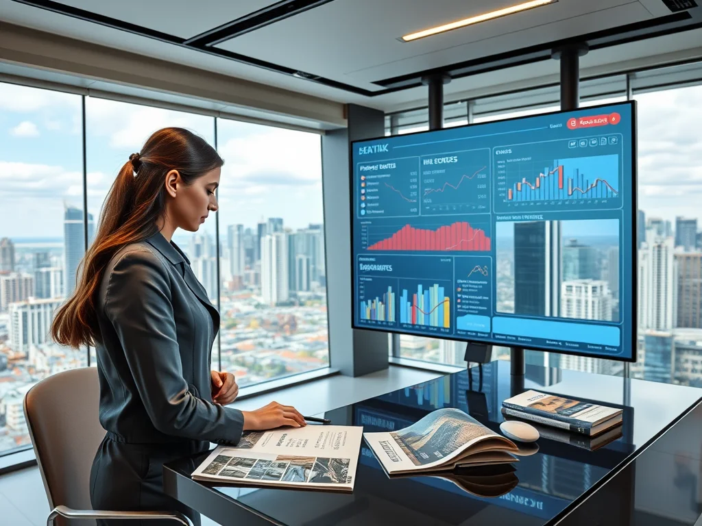 A modern online investing guide showing a tablet with real estate charts and a house key on a desk.