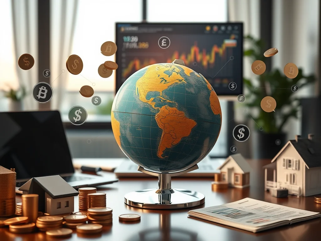 A diverse group of people analyzing global investment data on a digital world map.