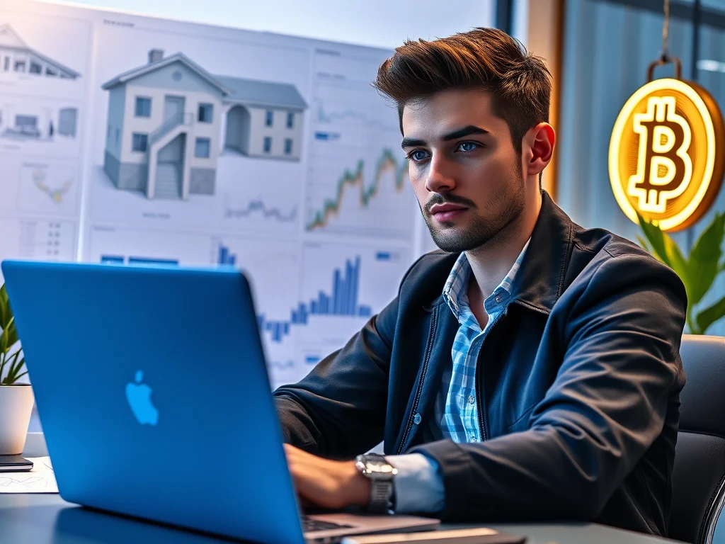 A modern infographic blending a house key and a digital blockchain key, symbolizing the powerful synergy between Real Estate and Cryptocurrency investments for 2025.