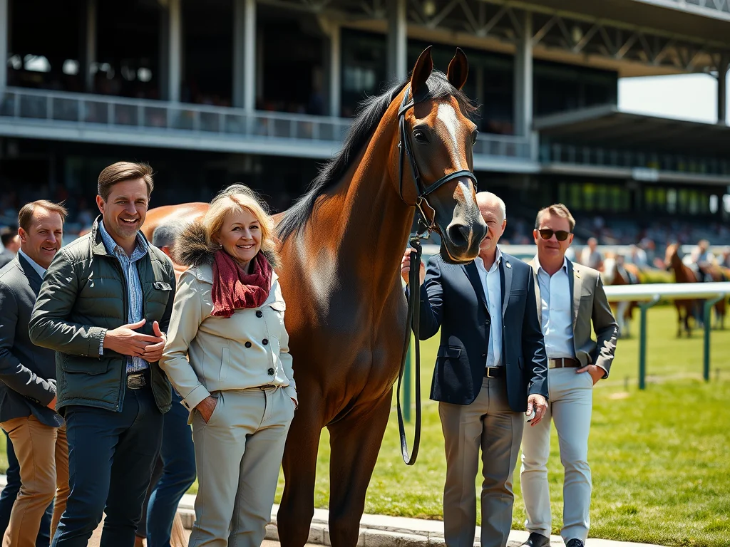 A diverse group of modern investors reviewing equestrian investing documents at a sunlit stable.