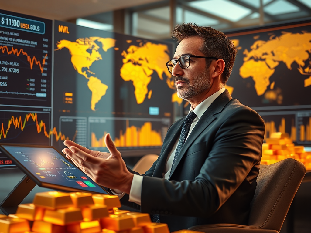 Gold Investment 2025 concept showing a realistic investor analyzing markets surrounded by gold and global data.
