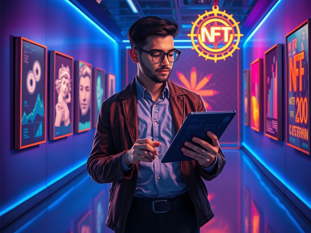 A stylized illustration of a crypto investor navigating a digital art gallery, symbolizing an effective NFT Investment Strategy.