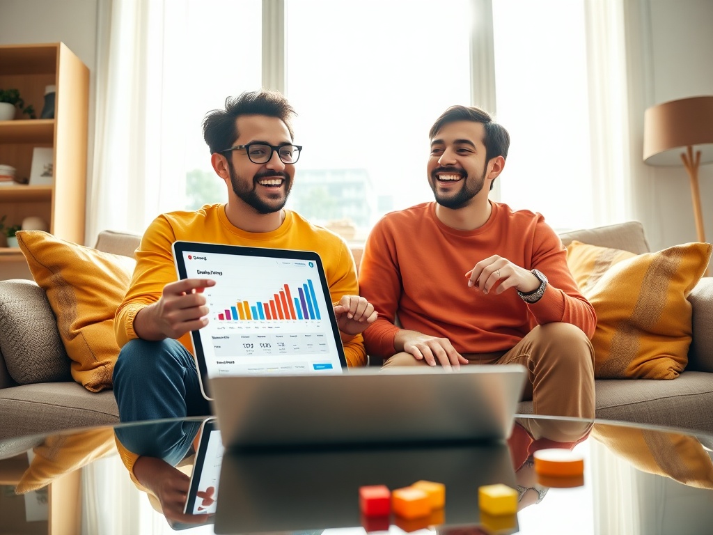 A young couple is joyfully engaging in Fun financial planning on a laptop, with game pieces on the table, symbolizing a gamified approach to budgeting.