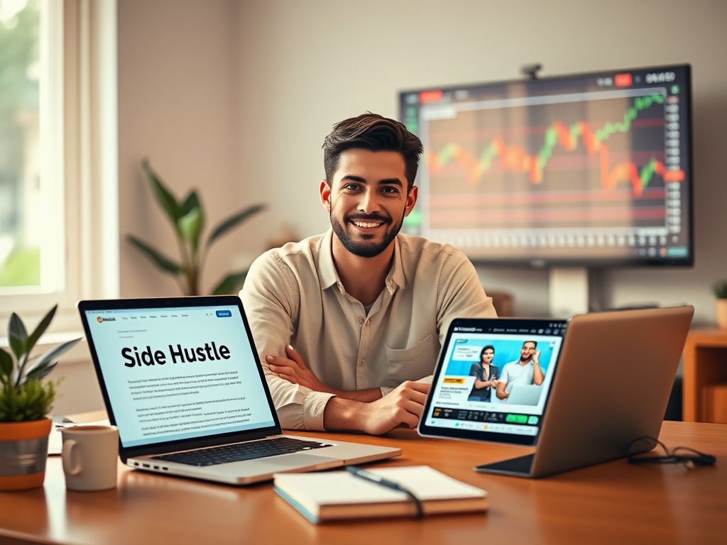 Diverse icons representing online income streams, symbolizing the power of a side hustle.