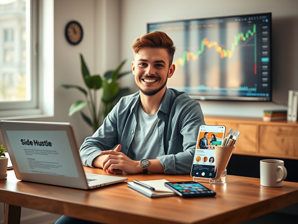 A collection of modern and clean icons depicting various income-generating activities like blogging, freelancing, e-commerce, investing charts, and online courses. The icons are interconnected, emphasizing the potential for multiple side hustles or a focused effort in one.