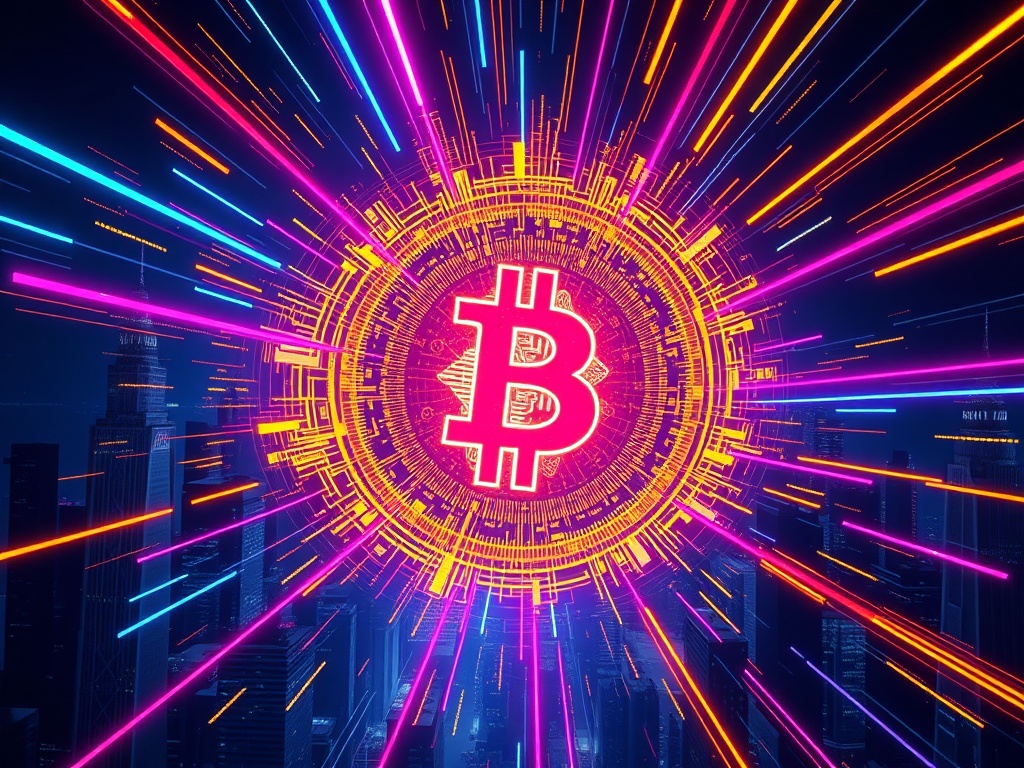 A vibrant illustration depicting the crypto explosion 2025, with digital assets and financial charts surging from a futuristic cityscape.