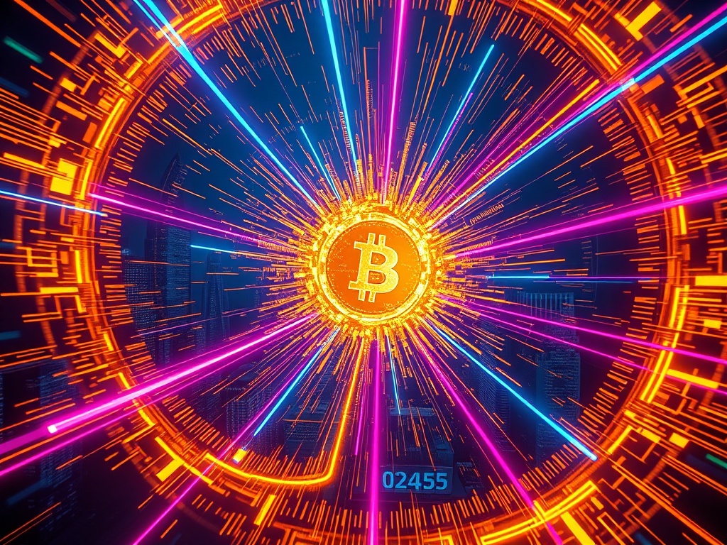 A vibrant illustration depicting the crypto explosion 2025, with digital assets and financial charts surging from a futuristic cityscape.