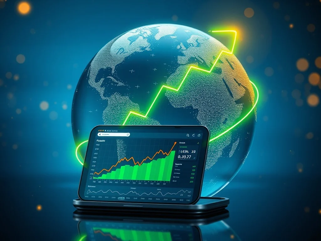 A modern laptop showing analytics for a successful E-commerce Investment store, with a growing graph overlay.