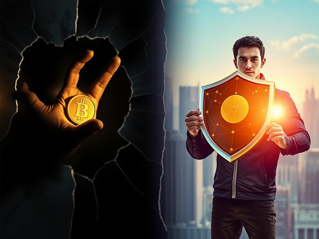 A visual metaphor showing a person building a secure financial future while avoiding the hidden traps of financial scams.