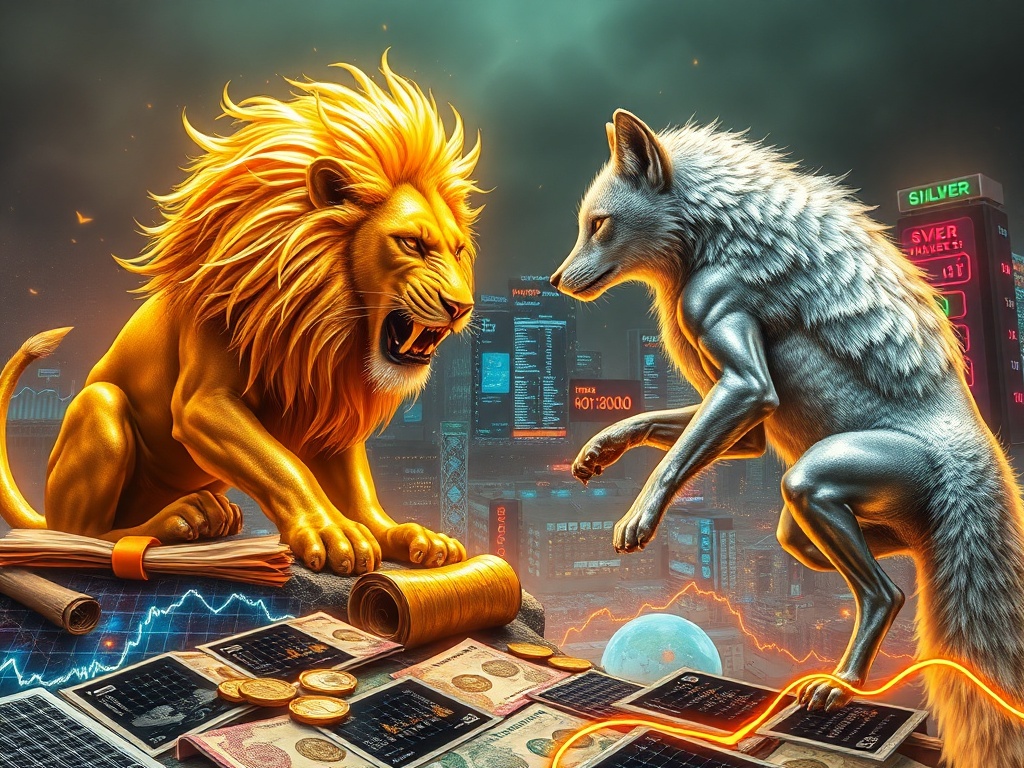 A vibrant cityscape split between classic gold and futuristic silver, visually representing the choice in Gold vs Silver Investing.