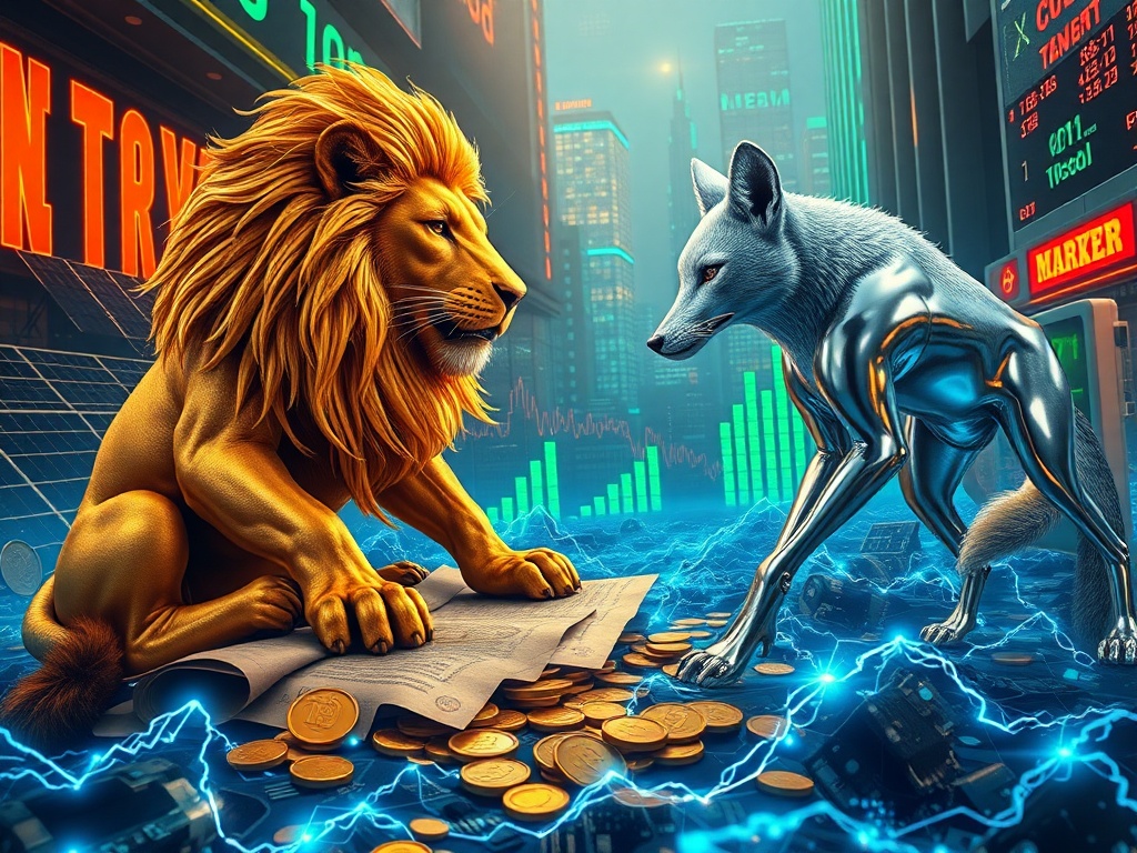 A vibrant cityscape split between classic gold and futuristic silver, visually representing the choice in Gold vs Silver Investing.
