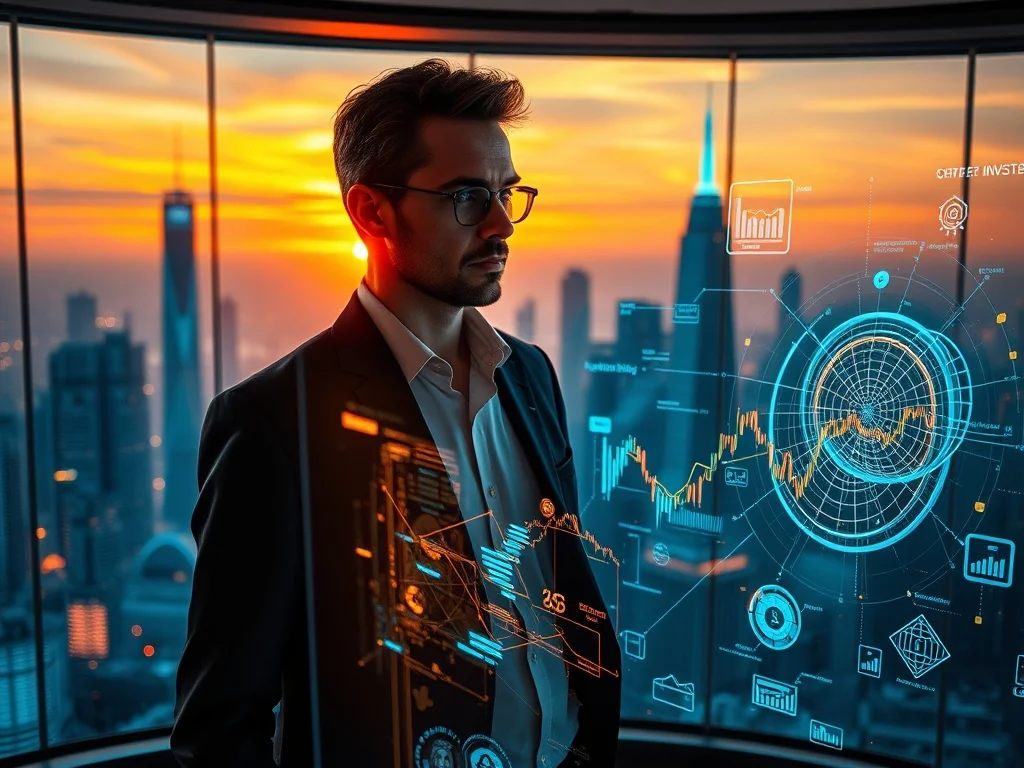 A futuristic graphic illustrating smart AI stock investment strategy with growing financial charts and neural networks.