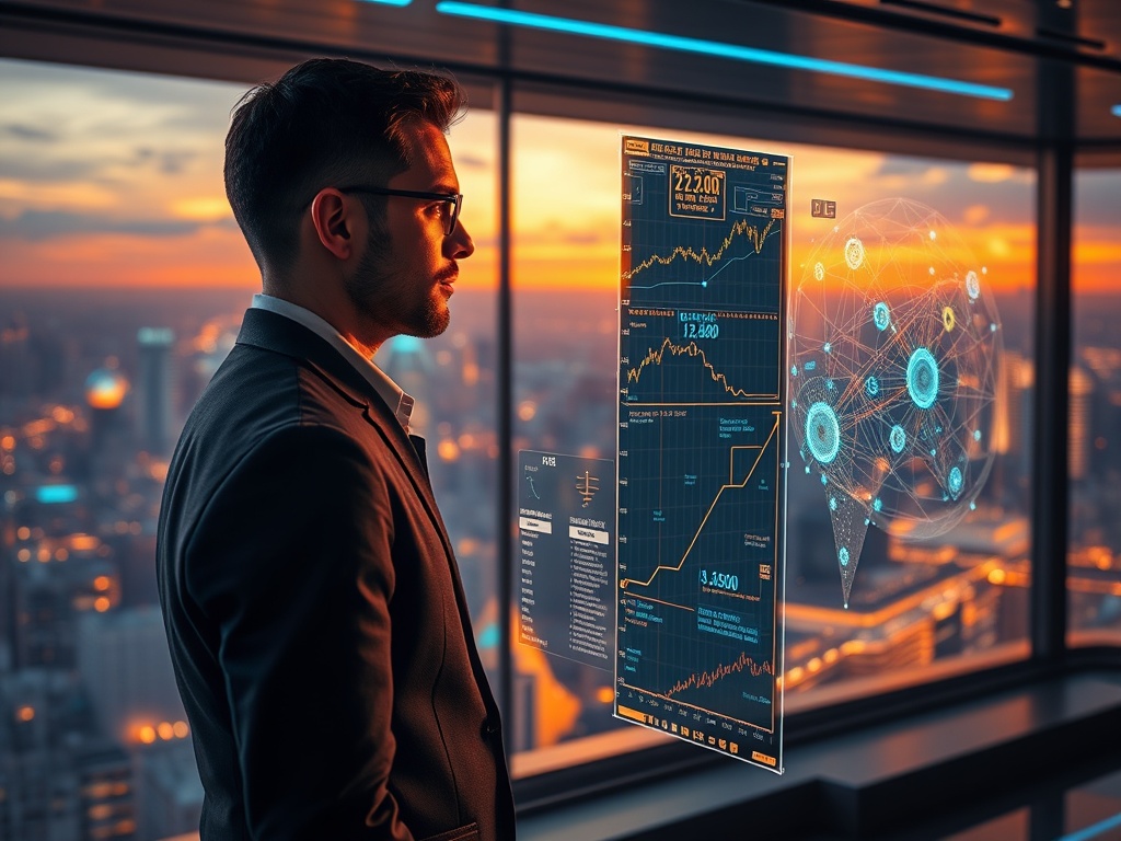 An investor uses an advanced AI-powered holographic interface to gain a strategic advantage in the market, making informed decisions for their AI stock investment portfolio.