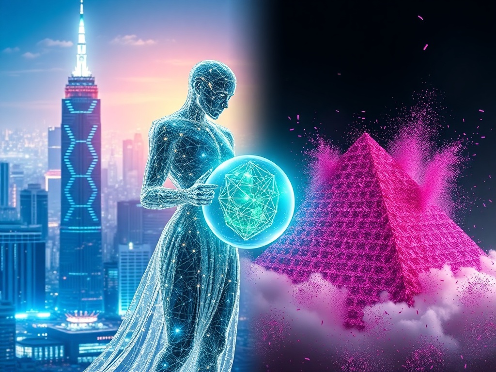 An epic, cinematic image showing a futuristic, decentralized network of light and security standing victorious over a shadowy, disintegrating Crypto Ponzi Scheme. The composition highlights the ongoing conflict between legitimate innovation and fraudulent schemes in the digital asset space.