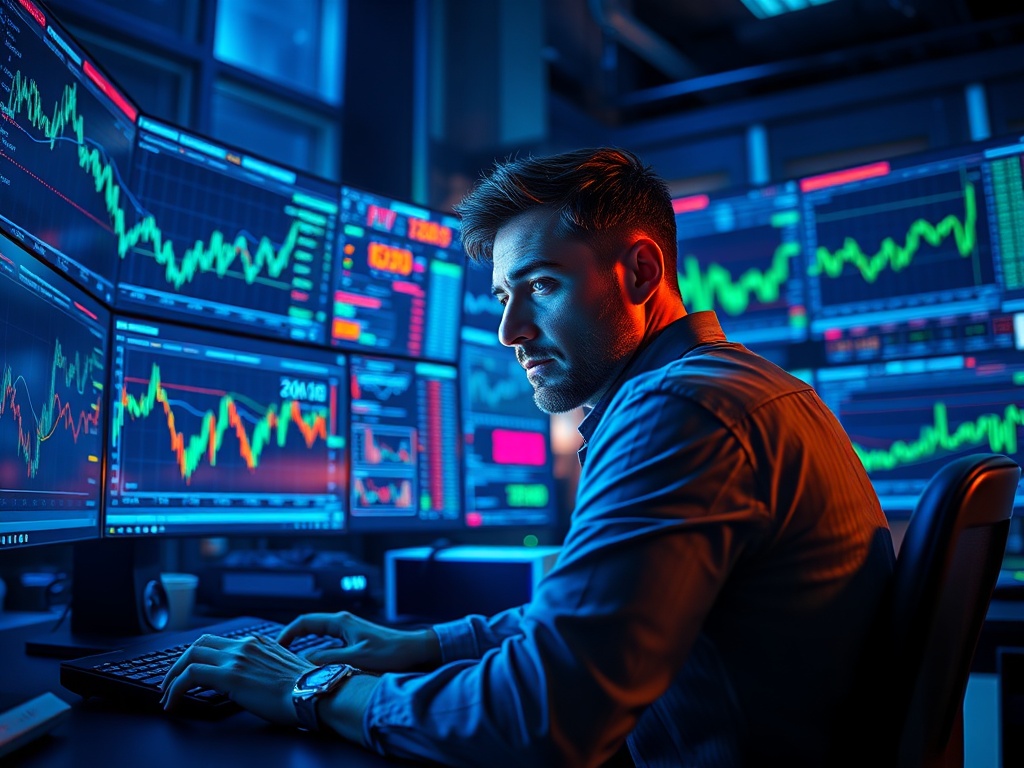 A focused trader performs Crypto Day Trading on holographic screens in a futuristic setting.