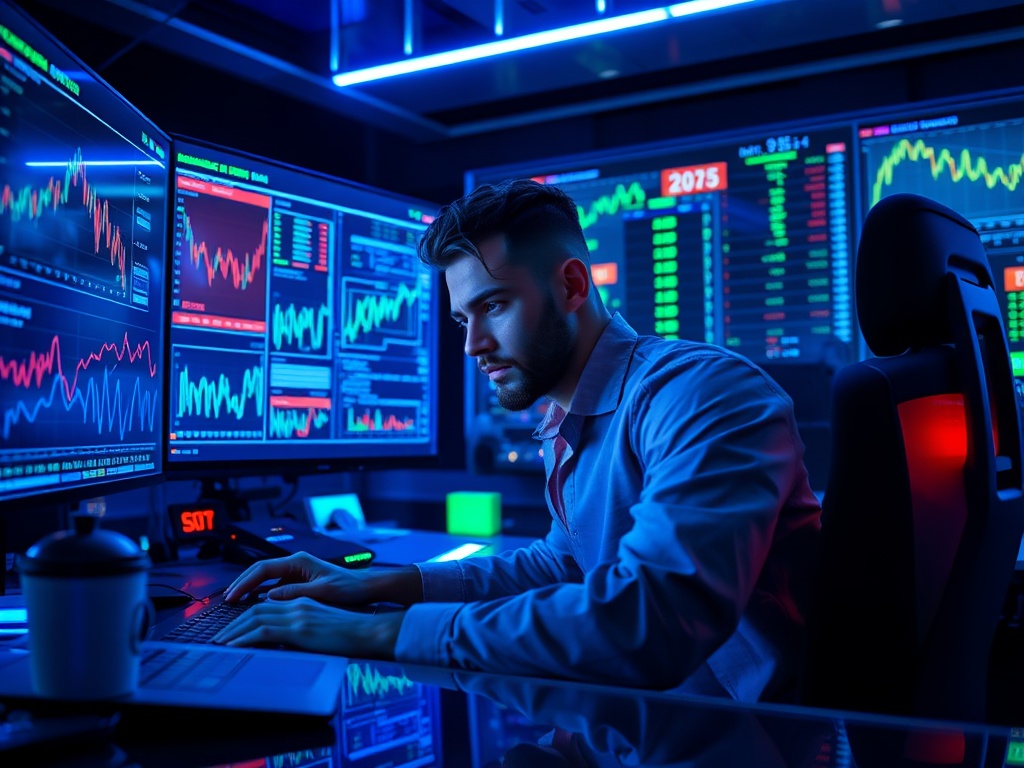 A focused trader performs Crypto Day Trading on holographic screens in a futuristic setting.