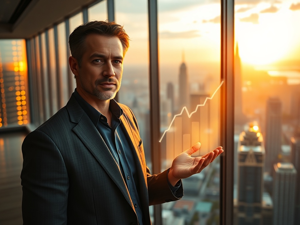 A confident investor stands in a modern office, with a glowing financial chart flowing from their hands. Image from the Smart Investing Guide.