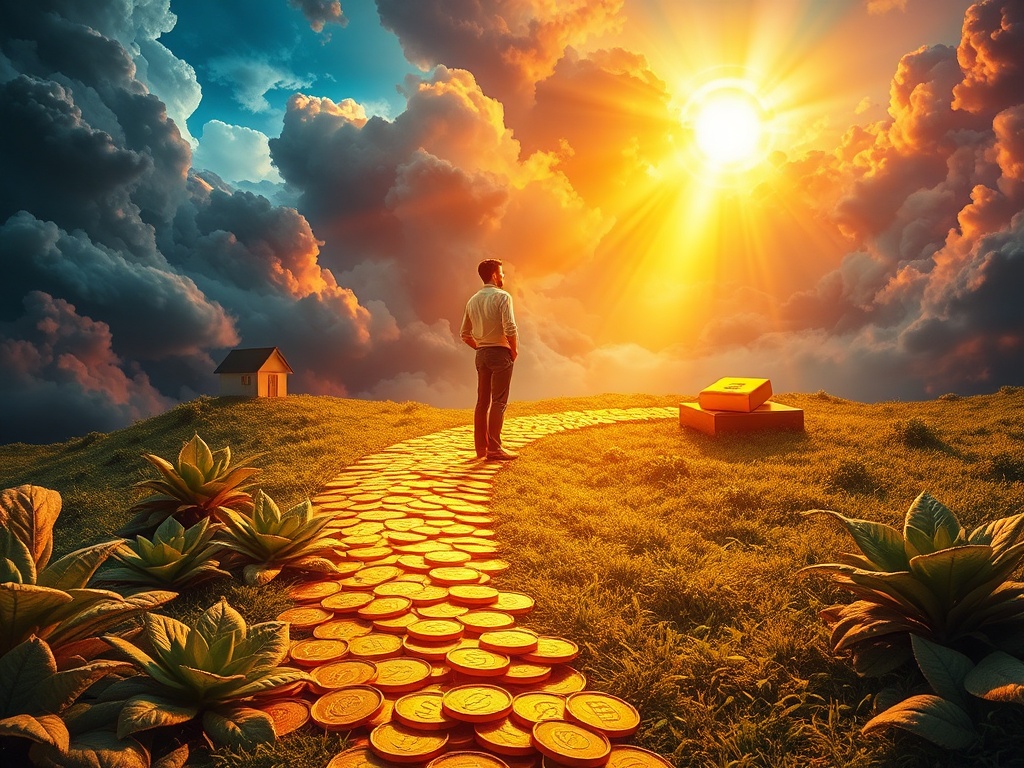 An illustration of a person on a path of gold coins, symbolizing an effective inflation hedge strategy.