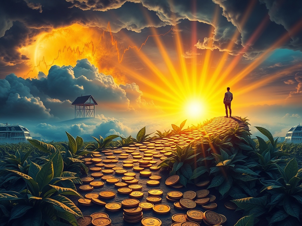 A vibrant, surreal illustration showing a person walking on a path of growing money plants and gold coins. This path represents a successful inflation hedge. In the background, a turbulent storm of dark clouds (inflation) is being pushed away by bright, colorful light from assets, symbolizing smart investment strategies for a brighter financial future.