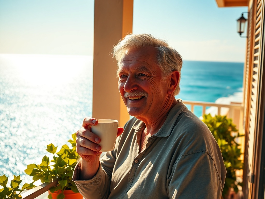 A person on a balcony enjoying a coffee, a result of successful Early Retirement Saving.