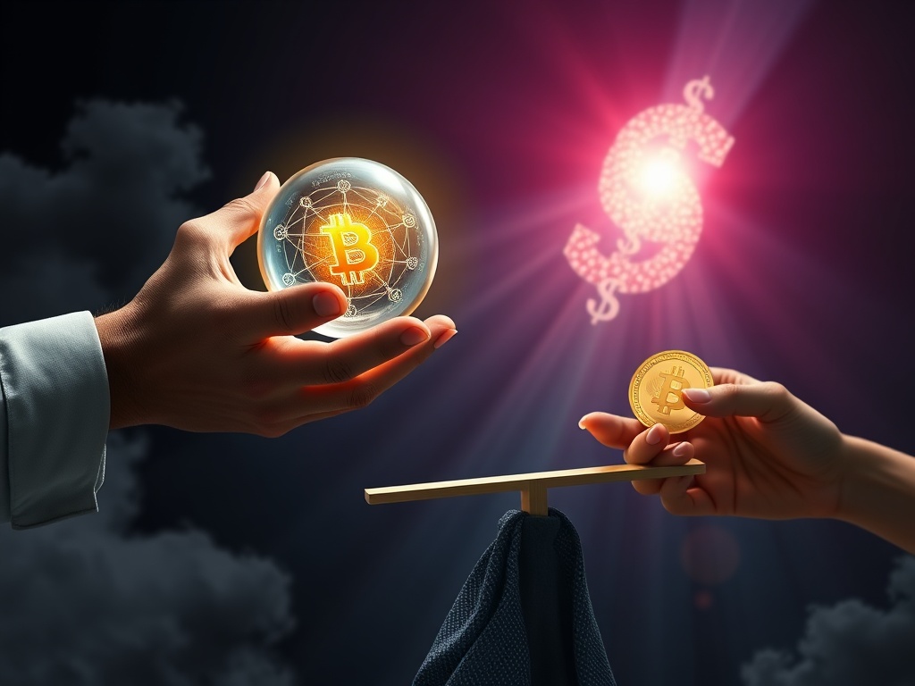 A detailed illustration of a balanced investment scale, with a gold bar on one side, a stack of dollar bills on the other, and a glowing Bitcoin symbol in the center, representing a well-managed diversified portfolio.