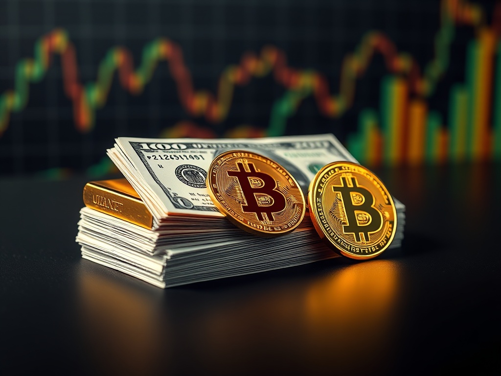 A modern, clean graphic displaying the key components of a diversified portfolio: a circle divided into three sections labeled "Gold," "US Dollar," and "Crypto," with varying percentages to reflect a strategic asset allocation.